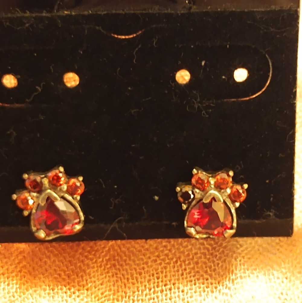 Red Gemstone Paw Earrings 925 Silver